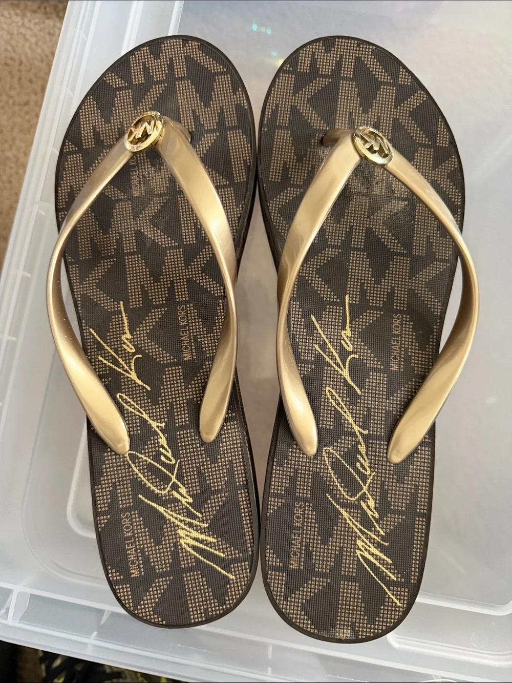 Michael Kors Brown Logo Footbed with Gold Straps Flip Sandals